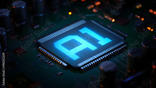powerful computer processor microchip with the word representing artificial intelligence, AI technology