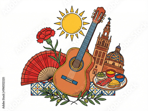 Illustration of Spanish culture with guitar, the Giralda, tapas, flamenco fan and sun