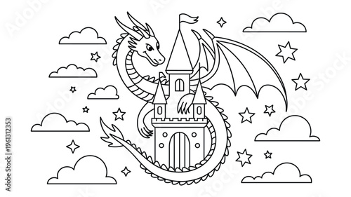 A whimsical dragon sitting atop a medieval castle surrounded by clouds and stars in a magical sky