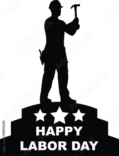 Black silhouette of construction worker with hammer on podium with stars and text