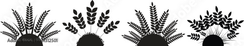 Four black silhouette clusters of wheat and grass grain