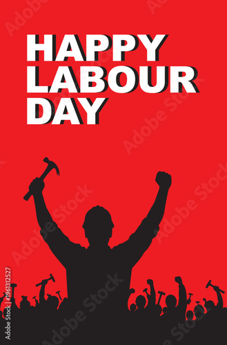Happy Labour Day red background with worker silhouette