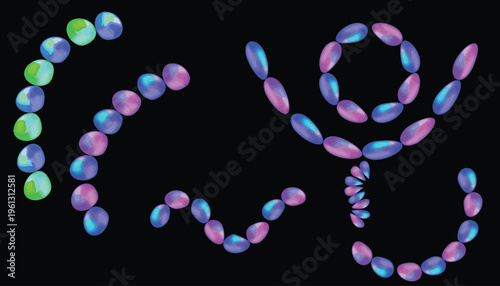 Green blue and purple oval shapes arranged in curves