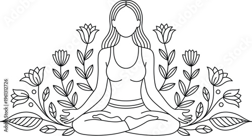 A serene woman meditates in a peaceful garden surrounded by vibrant flowers and lush greenery.