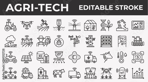 Agricultural technology concept with robotic farming equipment and drone in a field at sunset