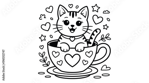 A cute cartoon cat sitting in a teacup surrounded by hearts and stars