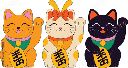 Three lucky cat maneki neko figures in orange, white, and black, waving welcomingly with gold japanese inscription, fortune cat