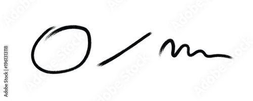 Black circle stroke and brush lines on transparent background set for highlighting information or marking text with charcoal texture and hand drawn marker aesthetic for graphic design uses.