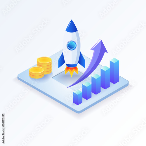 Concept of startup development, profit increase, analytics and digital business strategy, ideal for fintech, SaaS, presentations, dashboards and marketing materials.