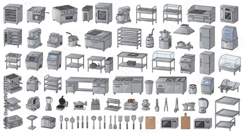 Commercial Kitchen Equipment, Restaurant Appliances, Stainless Steel, Catering Tools, Cooking Equipment Vector Collection for Industrial Food Service and Modern Culinary Workspace Illustration