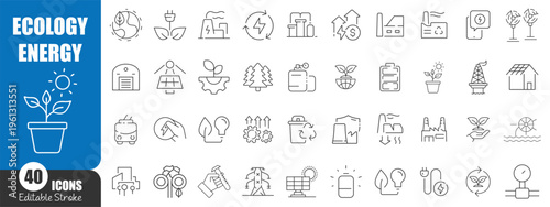 Ecology and Renewable Energy Line Icons Set – Green Power, Sustainability and Environmental Technology Outline Vector Collection