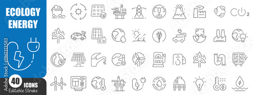Ecology and Renewable Energy Line Icons Set – Green Power, Sustainability and Environmental Technology Outline Vector Collection
