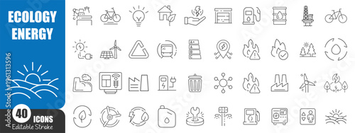 Ecology and Renewable Energy Line Icons Set – Green Power, Sustainability and Environmental Technology Outline Vector Collection