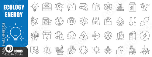 Ecology and Green Energy Line Icons Set – Renewable Power, Sustainability and Environmental Technology Outline Vector Collection