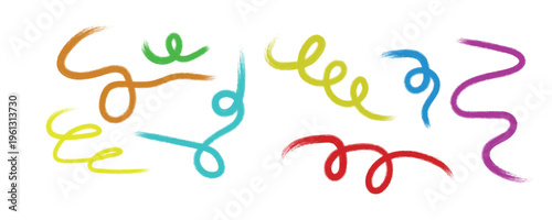 Colorful squiggly brush lines and spiral brushstrokes on transparent background set with vibrant paint textures for artistic decorations or creative project elements and playful designs here.