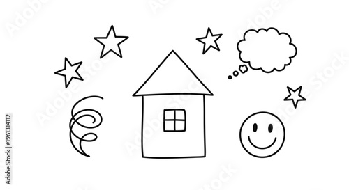 Simple Line Drawing of a House, Stars, Speech Bubble, and Happy Smiley Face on Isolated White Background