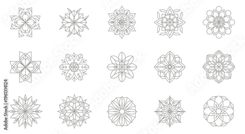 Set of Abstract Geometric Outline Flower and Snowflake Designs on Isolated White Background