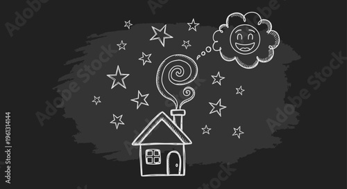 Chalk Drawing of a House with Happy Thought Bubble and Stars on a Blackboard Background
