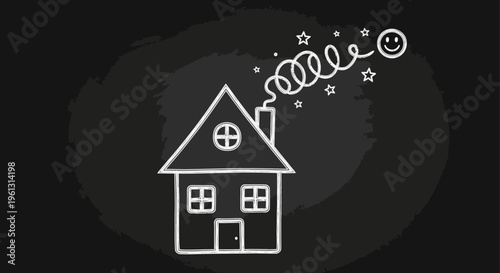 Hand-drawn doodle house with smoke, stars and happy face on a black chalkboard background.