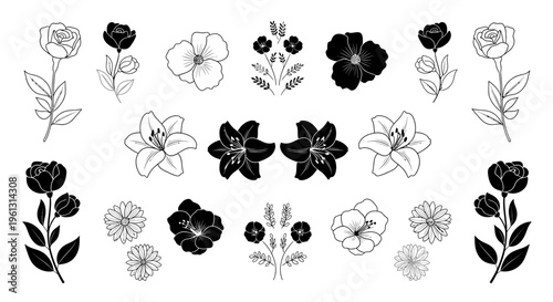 Diverse Collection of Black and White Outline and Filled Flower Icons on Isolated White Background
