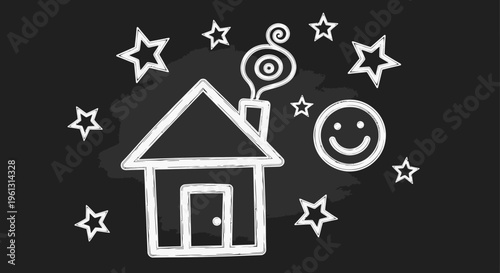 Hand-drawn doodle house with smoke, stars and happy face on a black chalkboard background.
