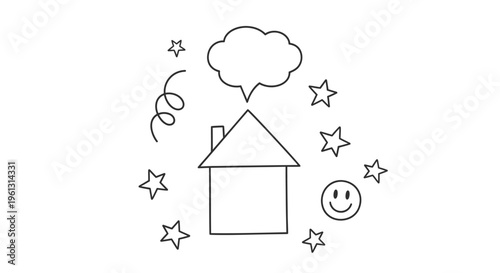 Hand-drawn doodle house with thought bubble, stars and happy face on an isolated white background.