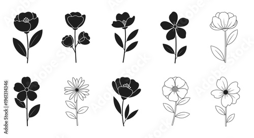 Hand-drawn doodle silhouette flowers collection on an isolated white background.