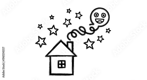 Hand-drawn doodle house with smoke, stars, thought bubble and happy face on a black chalkboard background.