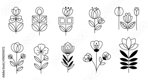 Modern Geometric Stylized Outline Flower Icons Collection on Isolated White Background