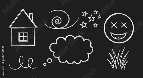 Hand-drawn doodle collection with house, swirl, stars, unhappy face and clouds on a black chalkboard background.