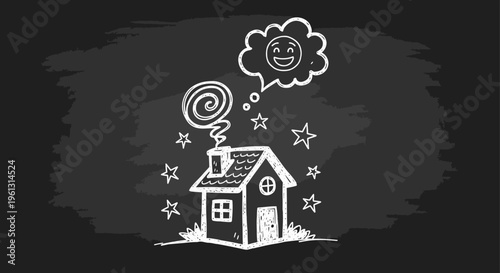 Happy Doodle House Chalk Drawing with Stars and Thought Bubble on Black Chalkboard Background