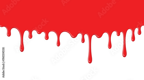 Dripping red liquid on transparent background blood or paint melt flow effect vector illustration for halloween theme horror concept sticky sauce or fruit jam dripping down from top edge.