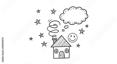 Cheerful Doodle House with Smoke and Thought Bubble Surrounded by Stars on Grassy Ground, Isolated White Background