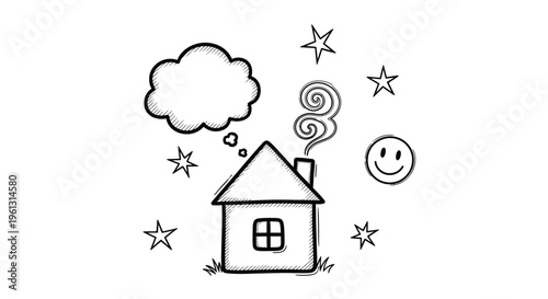 Happy Doodle House with Winding Smoke and Thought Bubble on Grassy Hill, Isolated White Background