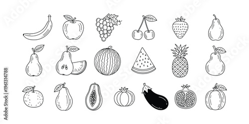 Fruit and vegetable line art collection including banana apple grapes cherry strawberry pear watermelon pineapple pomegranate and eggplant for healthy lifestyle icons and menu decorations.