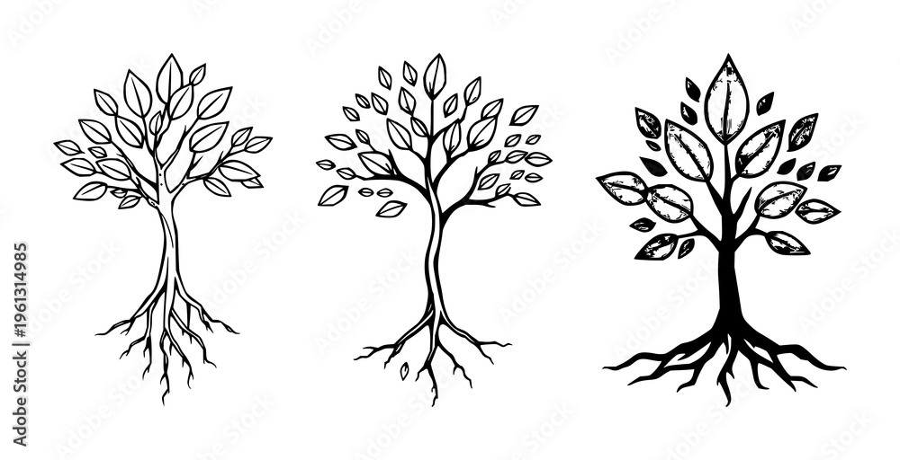 Obraz premium Tree logo set with green life tree illustration featuring roots, leaves, foliage with dynamic lines and balanced composition