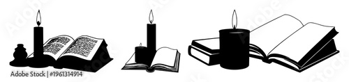 Solid black silhouette of a lit candle next to an open book, study and wisdom theme, high contrast, white background. set with simple line art design featuring sketches, drawings, vector graphics w...