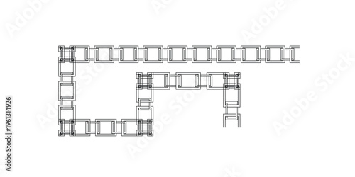 Geometric black chain links forming abstract patterns and borders, interlocking squares creating outline shapes on white background.