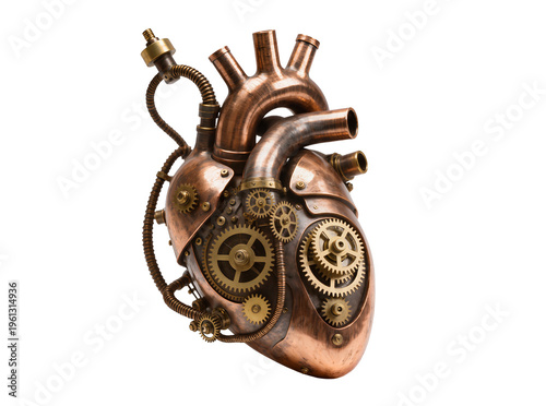 Foto Isolated mechanical heart with brass gears and copper pipes, symbolizing love an