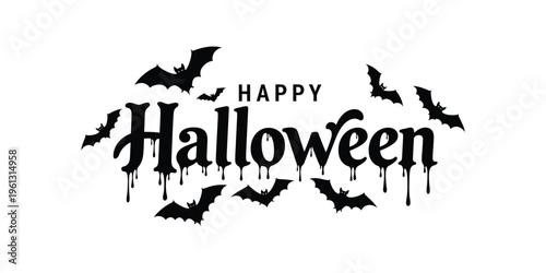 Happy halloween lettering with dripping blood effect and flying bats for holiday party invitations and seasonal decorations featuring spooky typography and dark theme elements for children.