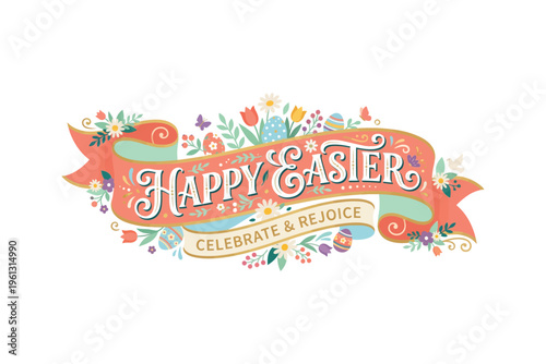 Vibrant easter greeting card with colorful florals and eggs