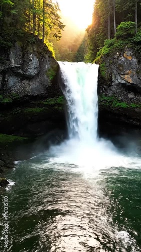 A serene waterfall cascades into a tranquil lake surrounded by lush greenery and towering trees in a forest at sunrise