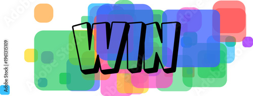 Bold purple letters spelling WIN with a black outline appear over a vibrant collection of colorful rounded squares