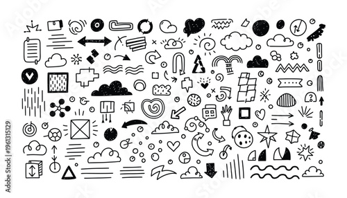 large collection of hand drawn doodles and icons on white background abstract symbols for creative design projects and artistic compositions diverse elements with playful style.