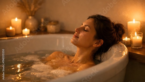 Woman Relax in Bubble Bath with Candles, Self-Care Evening for Valentine's Day