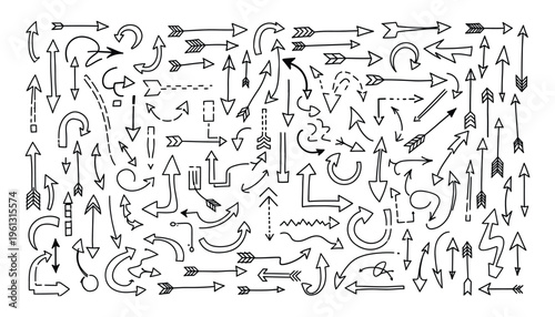 Set of hand drawn arrows collection in doodle style isolated on white background various shapes and directions for design elements pointing navigation signs sketch vector illustration bundle.