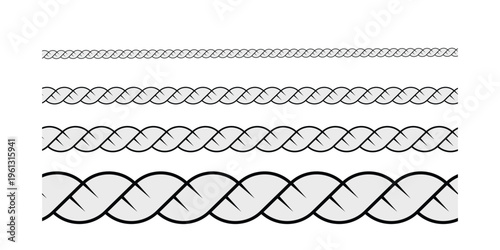 vector graphic illustration of four horizontal rope or cord-like design elements, each with varying thickness and intertwining patterns, set against a transparent background.