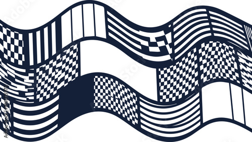 Racing checkered flag vector, wavy monochrome finish line banner, black and white geometric pattern ribbon for automotive sports and competition