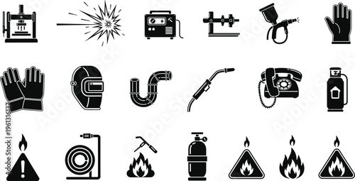Professional welding and industrial metalwork icon set featuring protective masks, gas cylinders, sparks, torches, safety gloves, and fire warning symbols on white background