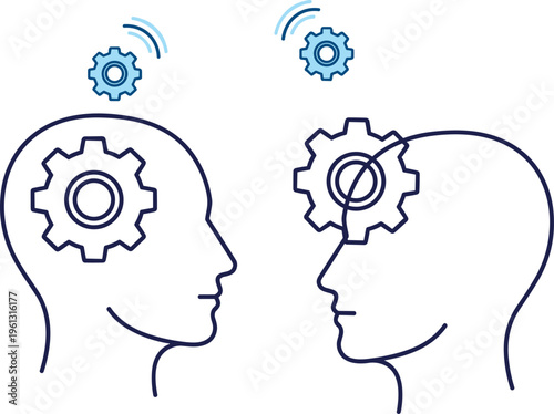 Two human head profiles with gears representing brainstorming, mental health, cognitive psychology, intellectual cooperation, problem solving, creative thinking, and communication isolated on white ba
